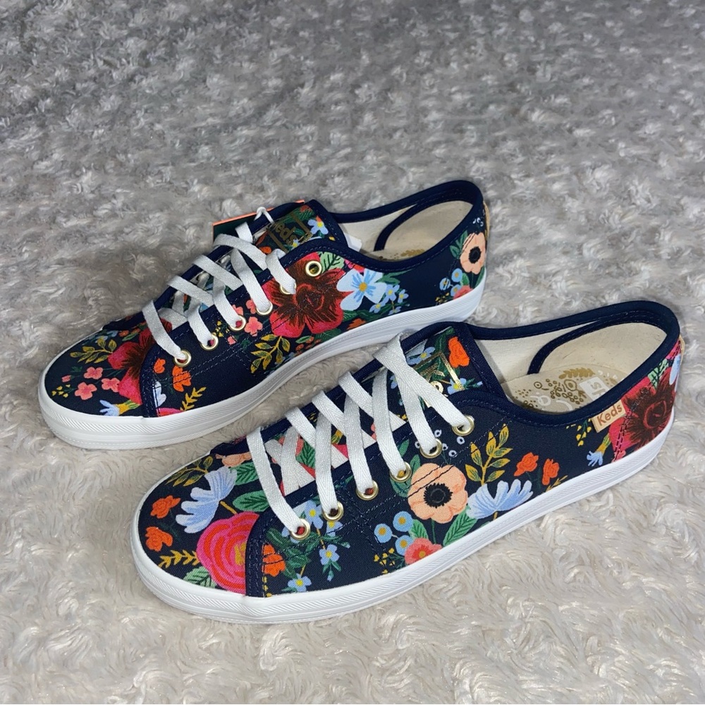 NEW Rifle Paper Co x Keds Kick Start Wild Rose Canvas Sneakers Navy Floral 7.5 - Picture 3 of 13